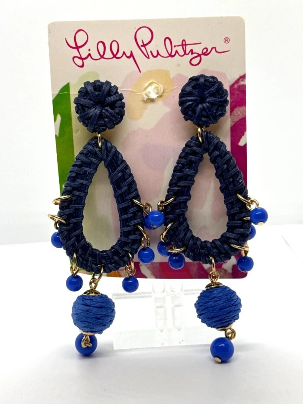 Lilly Pulitzer GWP Raffia Drop Earrings Alba Blue Beaded Teardrop Coastal Beachy